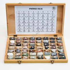 Skały i minerały 56 próbek w drewnianym pudełku
